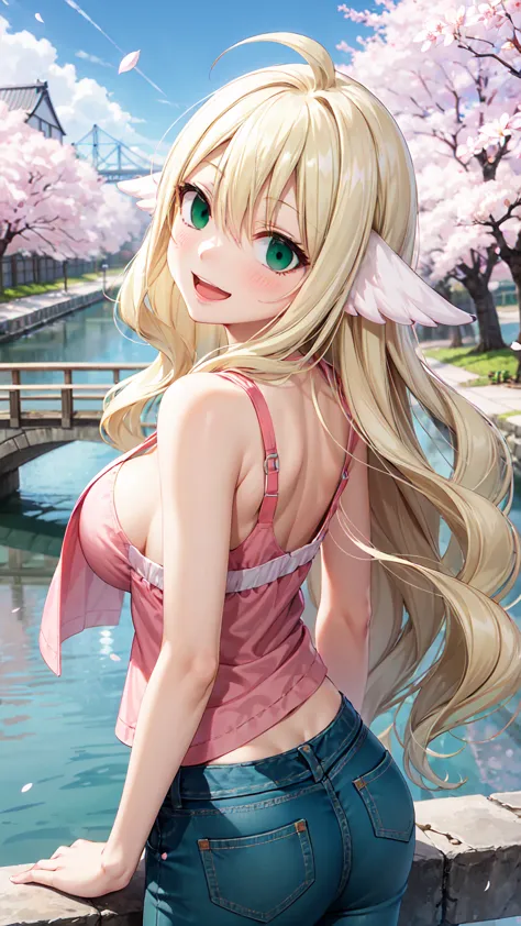 Masterpiece ,best quality , high resolution , (1 girl solo:1.38) , (mavis , long hair, blonde hair, (green eyes:1.5), ahoge, wav...