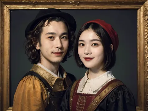 252 (An 18-year-old female and an 18-year-old male), (short hair),kind, lipstick, (Rembrandt-style painting), smile