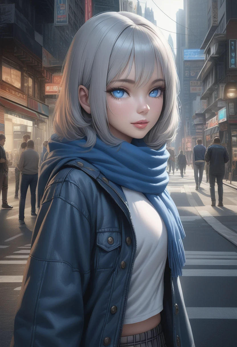 a beautiful young girl with silver hair and blue eyes, wearing a blue hooded jacket, a light blue scarf, a white t-shirt, gray gloves, and a plaid skirt, standing on a city street smiling at the viewer, surrounded by a blue aura, (best quality,4k,8k,highres,masterpiece:1.2),ultra-detailed,(realistic,photorealistic,photo-realistic:1.37),detailed face, beautiful detailed eyes, beautiful detailed lips, extremely detailed eyes and face, long eyelashes, city street, cityscape, urban scene, bright lighting, vivid colors, intricate details