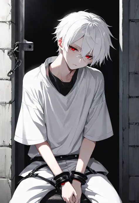 pure white hair、teenage boy、bright red eyes、white skin、white clothes、white skin、in solitary confinement、a dark look of despair、b...