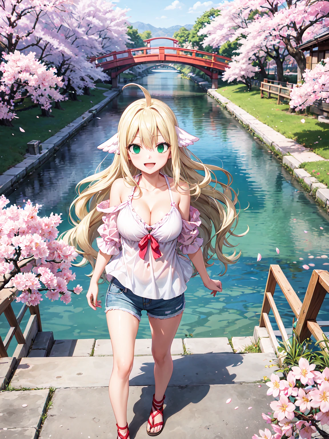 Masterpiece ,best quality , high resolution , (1 girl solo:1.38) , (mavis , long hair, blonde hair, (green eyes:1.5), ahoge, wavy hair) , (cleavage:1.2) , (medium breast:1.28) , (wear top tank , denim_micro short , , short short , strong wind , big wing , head tilt ) , (cleavage:1.15) , (big breast:1.1) , (face view , look at view , smile , open mouth) , (standing) , (outdoor, river beside , on bridge , japaness bridge , street , cherry blossoms , cherry tree)