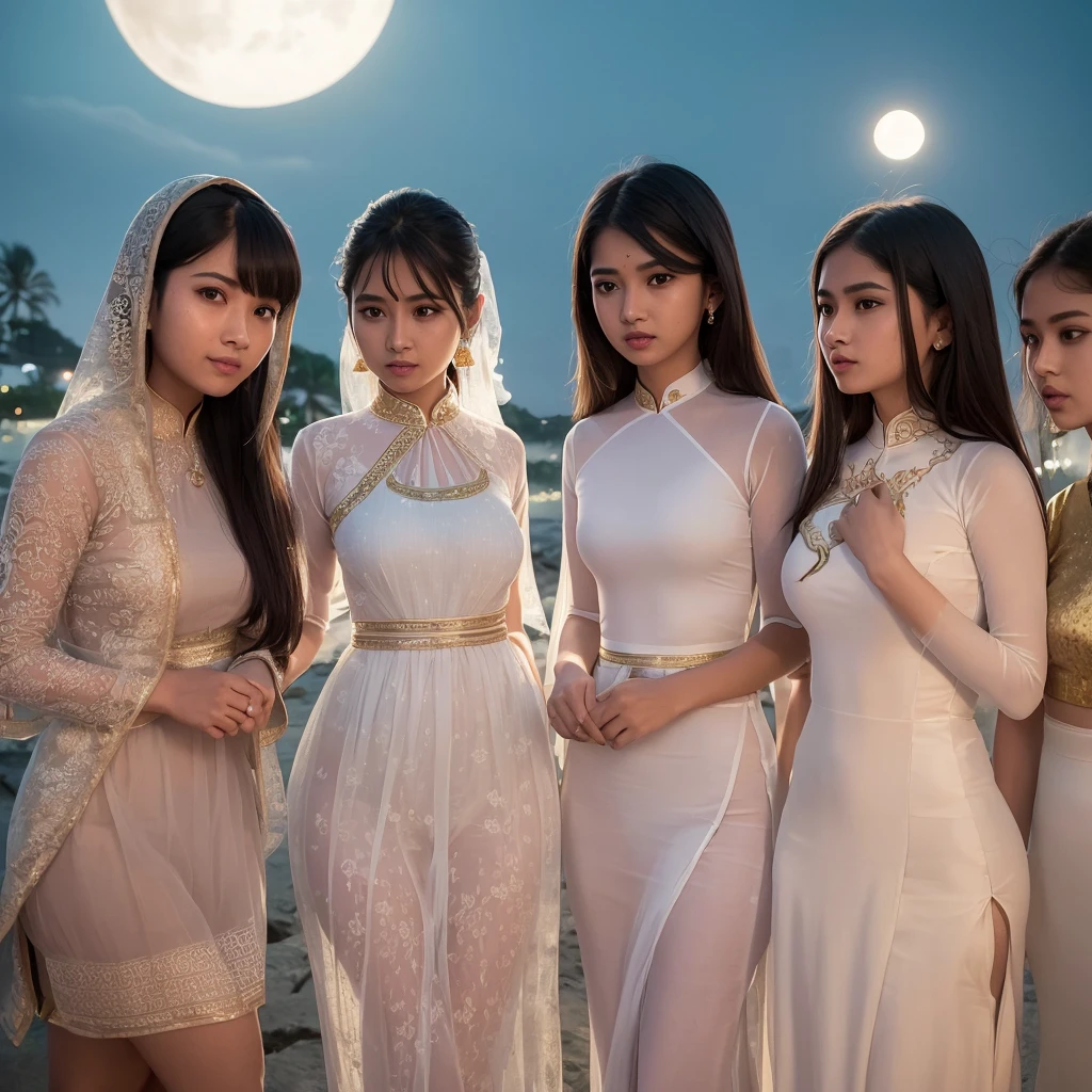 A group of young indian women with admirable beautiful faces, wearing tight short vietnamese ao dai，skirts,Gauze material，Light transmission， lots of clothing details, reflect moonlight, at night, by the sea, One of the character&#39;s feet is raised，pose，night，Moonlight shines through clothes，high-definition, detailed lighting and shadows, high-definition photography, Big deep cleavage sexy navel, by the water, The whole body is wet， wet hair，Sticking out tongue，Slobber，Obscene expressions，full-body portrait shot