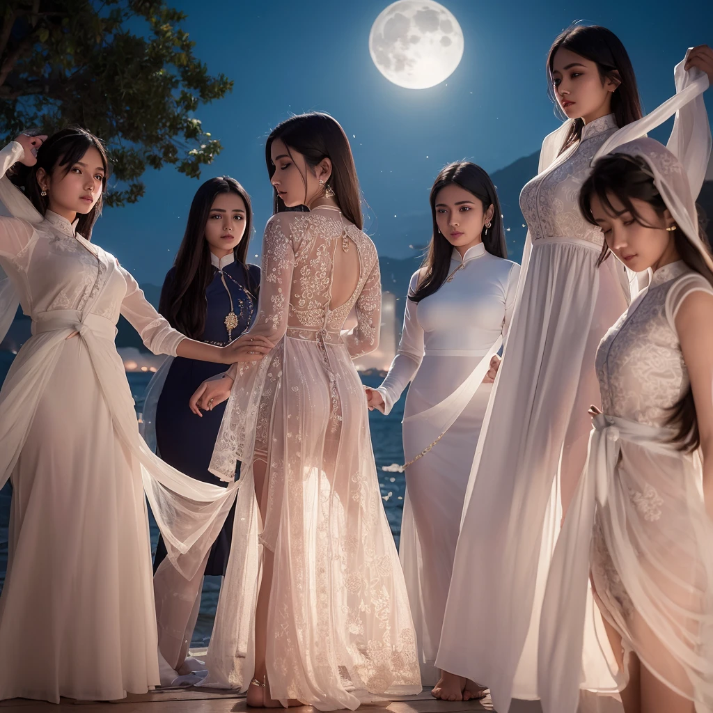 A group of young indian women with admirable beautiful faces, wearing tight short vietnamese ao dai，skirts,Gauze material，Light transmission， lots of clothing details, reflect moonlight, at night, by the sea, One of the character&#39;s feet is raised，pose，night，Moonlight shines through clothes，high-definition, detailed lighting and shadows, high-definition photography, Big deep cleavage sexy navel, by the water, The whole body is wet， wet hair，Sticking out tongue，Slobber，Obscene expressions，full-body portrait shot