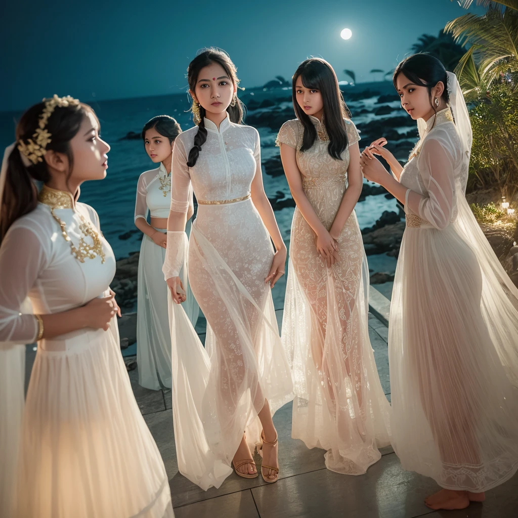 Un groupe de jeunes femmes indiennes aux visages admirablement beaux, porter un ao dai vietnamien court et moulant，jupes,Matériau de gaze，Transmission de la lumière， Beaucoup de détails vestimentaires, refléter le clair de lune, at nuit, par la mer, L&#39;un des personnages&#39;les pieds sont levés，Pose，nuit，La lumière de la lune brille à travers les vêtements，haute définition, éclairage et ombres détaillés, haute définition photography, Nombril sexy à gros décolleté profond, près de l&#39;eau, tout le corps est mouillé， [les cheveux mouillés，Tirer la langue，Bave，Expressions obscènes，portrait en pied