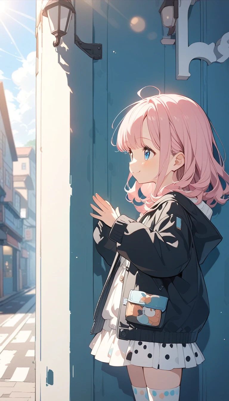 Anime Style, Very detailedなイラスト, Very detailed, beautiful, 8K, ( alone), Cute baby face, So cute, smile,｛Black jacket, Plain,Plain cardigan｝, (Outdoor, Town Street) ,Pink Hair,short straight bangs, smile,blue eyes, , Please raise your hand, From the side ,(Spotted sunlight:1.2),Blurred,(Written boundary depth:1.1),Tilt your head,(Thigh-high socks:1.3),(Upper Body:1.3)
