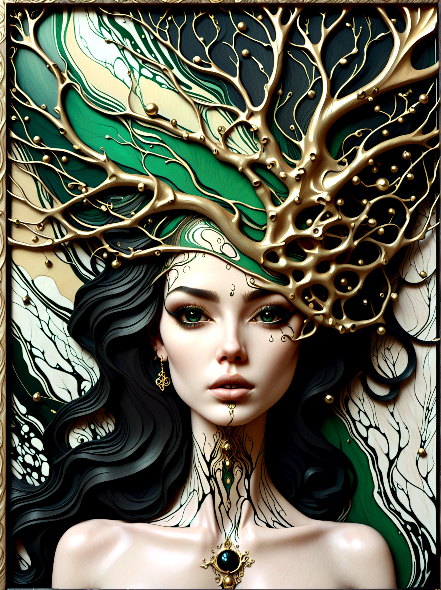 a beautiful portrait of a woman with the tree of life flowing from her head in an abstract marble texture, with colors of obsidian black, shiny gold, and emerald green, highly detailed, intricate design, BY Anne Bachelier,