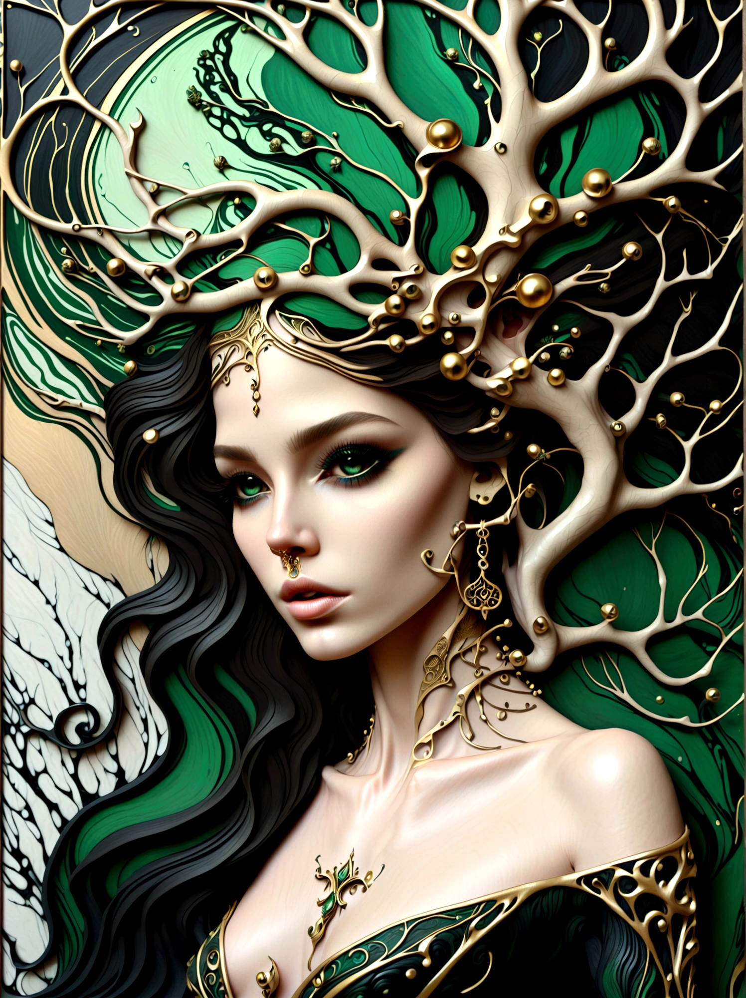 a beautiful portrait of a woman with the tree of life flowing from her head in an abstract marble texture, with colors of obsidian black, shiny gold, and emerald green, highly detailed, intricate design, BY Anne Bachelier,