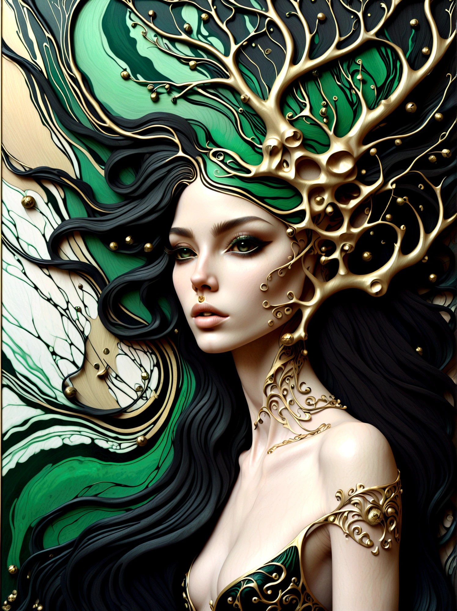 a beautiful portrait of a woman with the tree of life flowing from her head in an abstract marble texture, with colors of obsidian black, shiny gold, and emerald green, highly detailed, intricate design, BY Anne Bachelier,