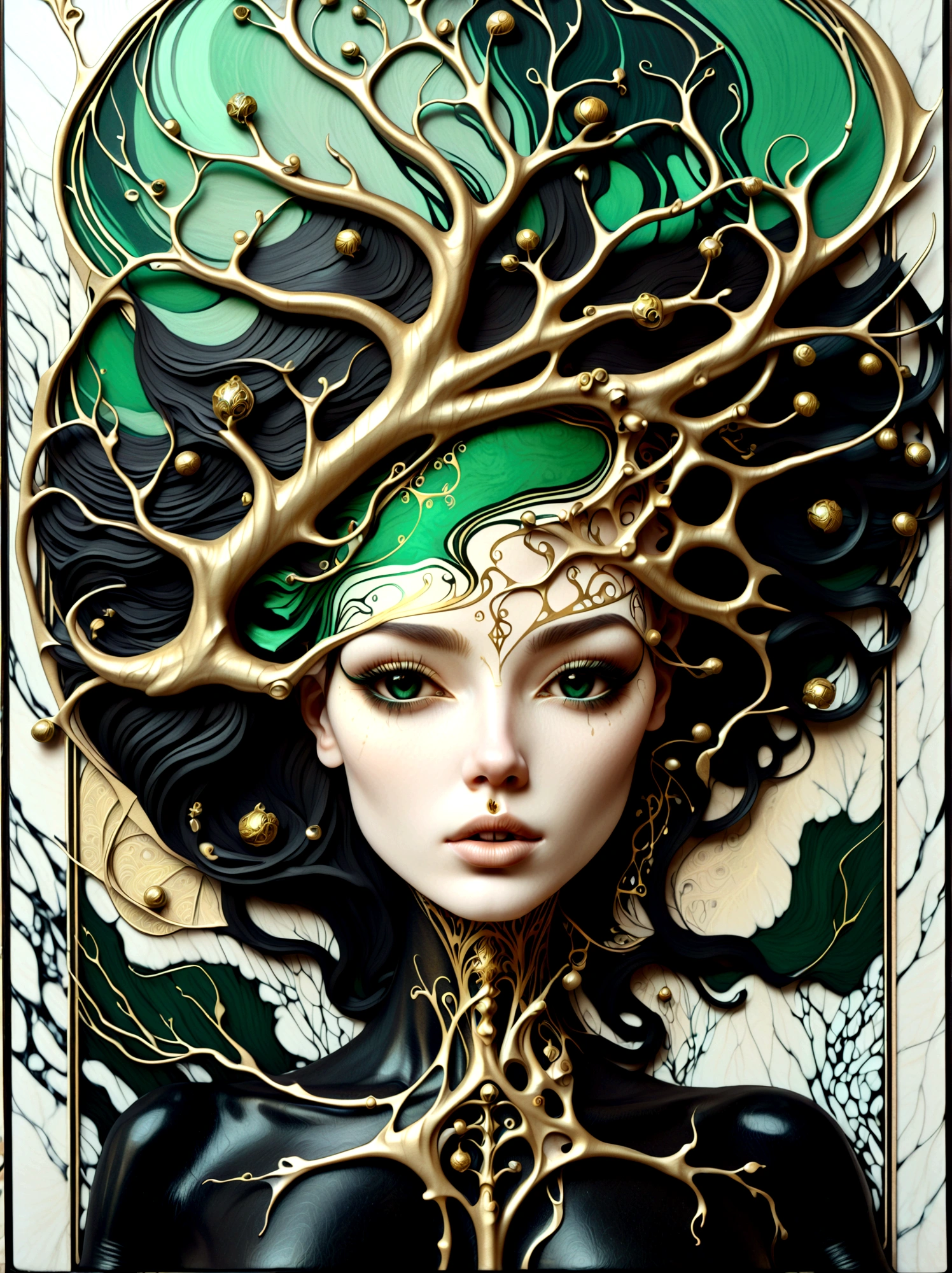 a beautiful portrait of a woman with the tree of life flowing from her head in an abstract marble texture, with colors of obsidian black, shiny gold, and emerald green, highly detailed, intricate design, BY Anne Bachelier,