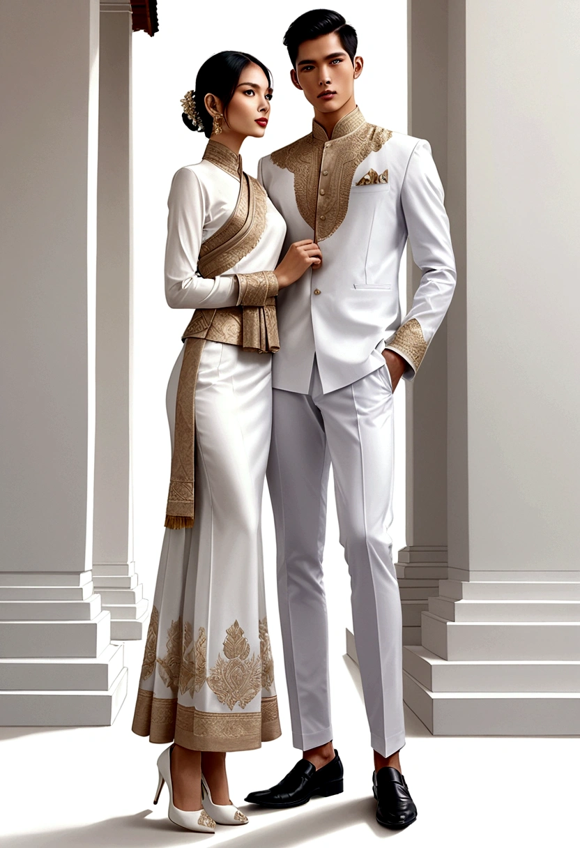 candid fashion illustration of two young man and women, adorned in a meticulously crafted North Thai traditional outfit, stands gracefully against the backdrop of the Thai temples. Their attire shimmers with intricate embroidery and white accents, each element carefully chosen to reflect the rich Lanna cultural heritage, ((showcase fashion in a Northern Thai Lanna outfits all in white)), in elegant luxury style, The man wears a simple long-sleeved white shirt with minimal details, paired with white Tailor pants, shoes, The woman complements him with white tubular skirt that is handwoven and simple patterns, ankle-length and is wrapped around the waist detail, and A fitted intricately decorated blouse that complements the skirt. Captured in a low angle, ((full-body image)), (full-body pose)), ((white studio background)), realistic color pencil lines, perfect drawing, charcoal lines, fading sketch, quick Sketch, soft light,