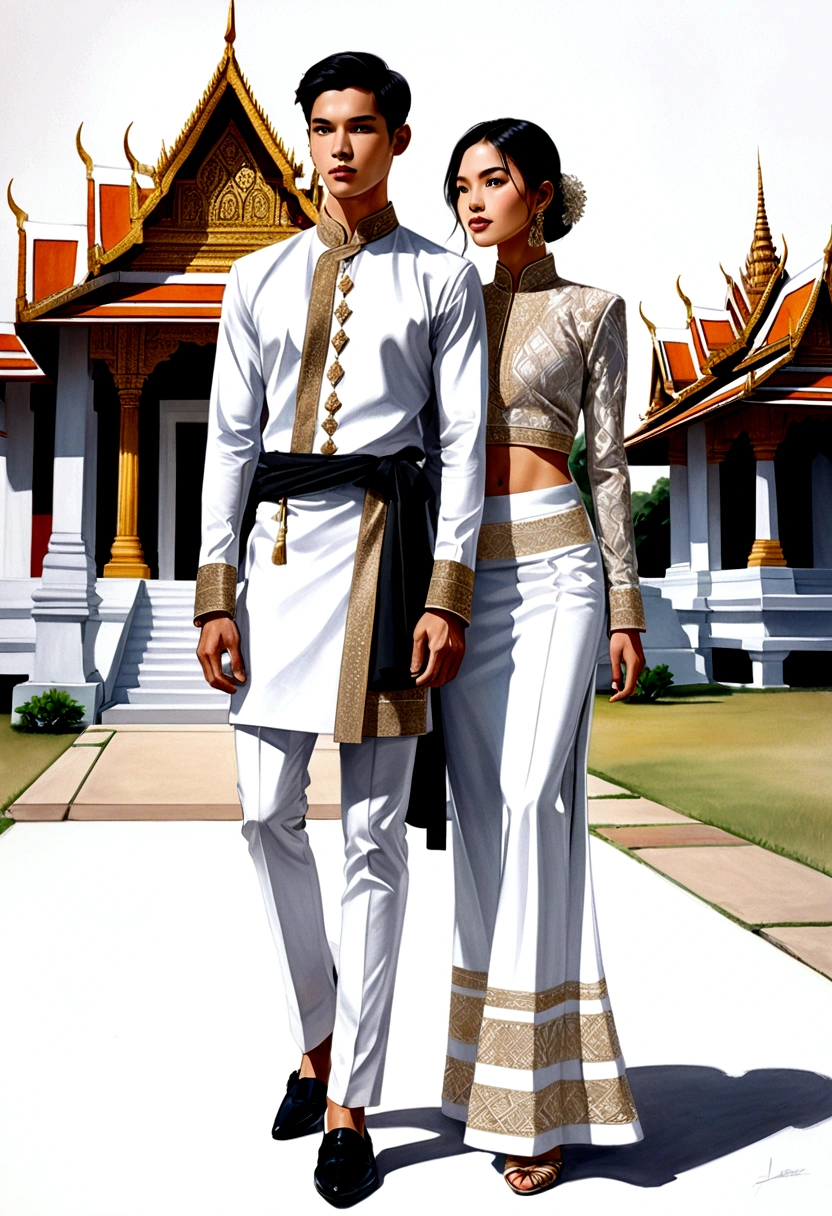 candid fashion illustration of two young man and women, adorned in a meticulously crafted North Thai traditional outfit, stands gracefully against the backdrop of the Thai temples. Their attire shimmers with intricate embroidery and white accents, each element carefully chosen to reflect the rich Lanna cultural heritage, ((showcase fashion in a Northern Thai Lanna outfits all in white)), in elegant luxury style, The man wears a simple long-sleeved white shirt with minimal details, paired with white Tailor pants, shoes, The woman complements him with white tubular skirt that is handwoven and simple patterns, ankle-length and is wrapped around the waist detail, and A fitted intricately decorated blouse that complements the skirt. Captured in a low angle, ((full-body image)), (full-body pose)), ((white studio background)), realistic color pencil lines, perfect drawing, charcoal lines, fading sketch, quick Sketch, soft light,