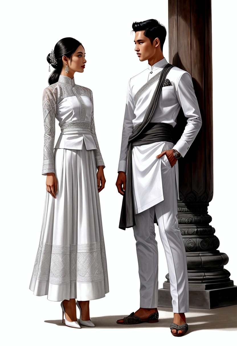 candid fashion illustration of two young man and women, adorned in a meticulously crafted North Thai traditional outfit, stands gracefully against the backdrop of the Thai temples. Their attire shimmers with intricate embroidery and white accents, each element carefully chosen to reflect the rich Lanna cultural heritage, ((showcase fashion in a Northern Thai Lanna outfits all in white)), in elegant luxury style, The man wears a simple long-sleeved white shirt with minimal details, paired with white Tailor pants, shoes, The woman complements him with white tubular skirt that is handwoven and simple patterns, ankle-length and is wrapped around the waist detail, and A fitted intricately decorated blouse that complements the skirt. Captured in a low angle, ((full-body image)), (full-body pose)), ((white studio background)), realistic color pencil lines, perfect drawing, charcoal lines, fading sketch, quick Sketch, soft light,