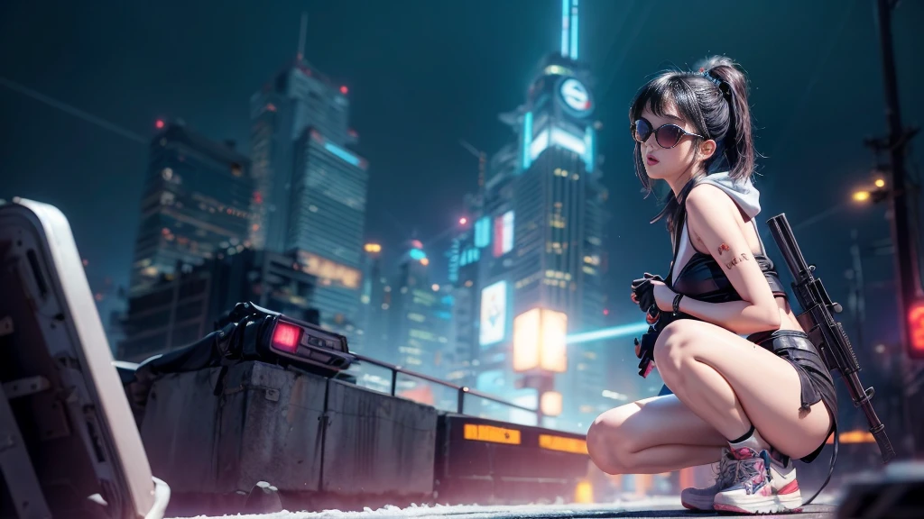 8k, Realistic Skin Texture, Realistic Photo, Neo Tokyo, slim women, large-breast:1.4 cleavage:1.3, AD2050 at night, Dirty hunting jacket, Wearing tube top, miniskirt, (((black sunglasses, automatic rifle, sneakers, cold, shooting pose, very low angle view))), Innovative composition, revenge, cyberpunk, blade runner worldview, Large neon sign, Geisha hologram sign, Strong Wakamoto Sign.