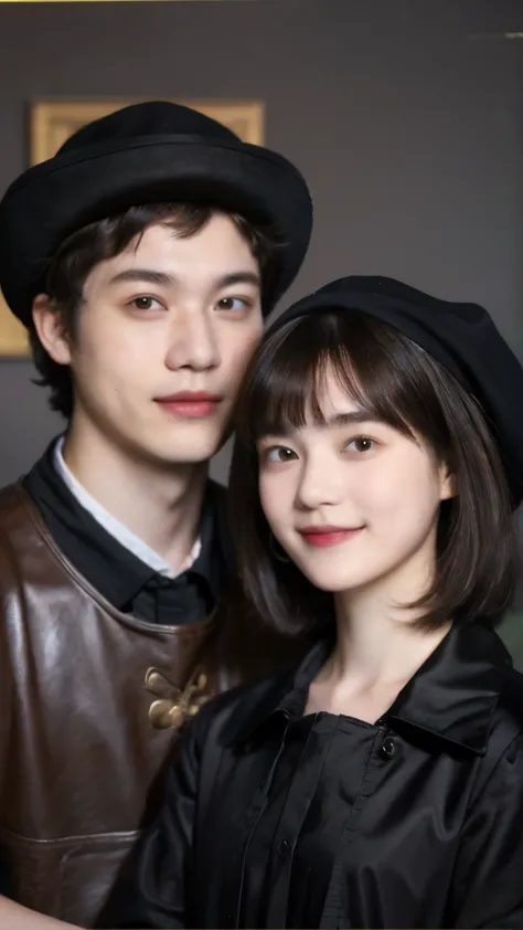 252 (An 18-year-old female and an 18-year-old male), (short hair),kind, lipstick, (Rembrandt-style painting), smile