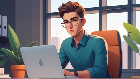 a 25 year old male business character with a friendly appearance and pixart style, . he is sitting behind his macbook in his min...