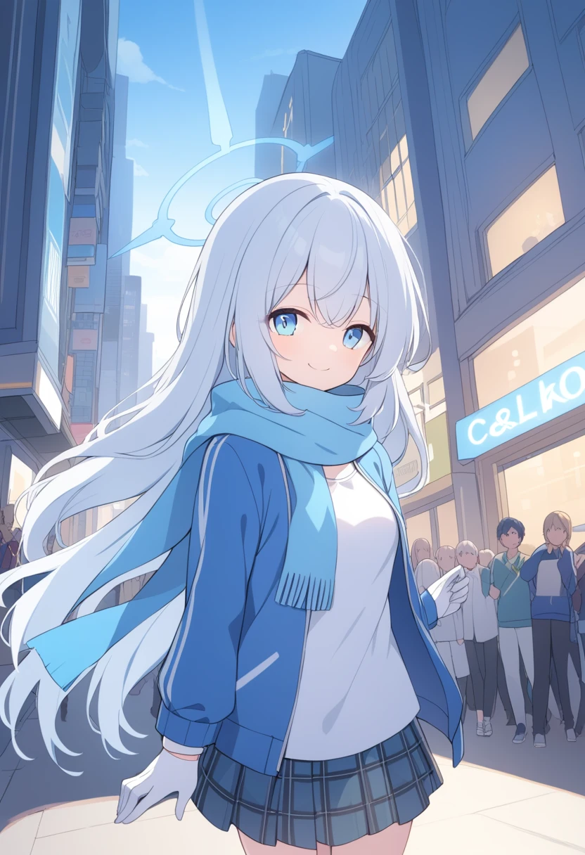 girl，Silver long hair, blue eyes, Wearing a blue hooded jacket, A sky blue scarf, A white T-shirt, White gloves, and plaid skirt, standing on a city street，Smile at the audience, Blue Halo，Solitary