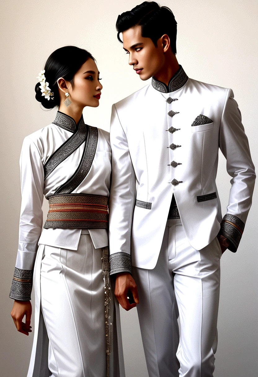 candid fashion illustration of two young man and women, adorned in a meticulously crafted North Thai traditional outfit, stands gracefully against the simple backdrop of Lanna style decoration. Their attire shimmers with intricate embroidery and white accents, each element carefully chosen to reflect the rich Lanna cultural heritage, ((showcase fashion in a Northern Thai Lanna outfits all in white)), in elegant luxury style, The man wears a simple long-sleeved white shirt with minimal details, paired with white Tailor pants, shoes, The woman complements him with white tubular skirt that is handwoven and simple patterns, ankle-length and is wrapped around the waist detail, and A fitted intricately decorated blouse that complements the skirt. Captured in a low angle, ((full-body image)), (full-body pose)), ((white studio background)), realistic color pencil lines, perfect drawing, charcoal lines, fading sketch, quick Sketch, soft light,