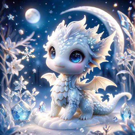 absurdres, highres, ultra detailed, HDR, master piece, best quality, smol white dragon, cute, solo, magic, ice flowers, snowflak...