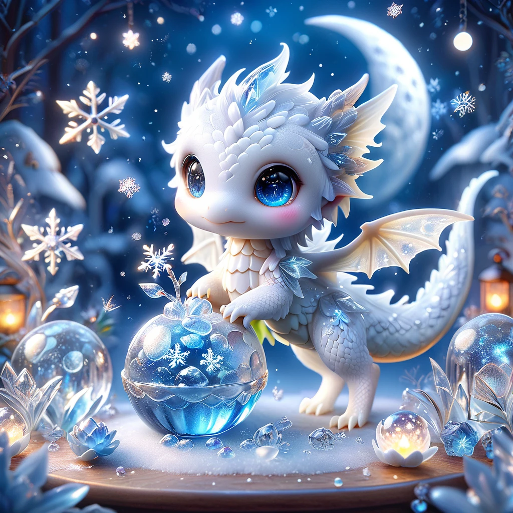 absurdres, highres, ultra detailed, HDR, master piece, best quality, smol white dragon, cute, solo, magic, ice flowers, snowflakes, ice, magical, fantasy, glass, ice moon, starry sky, ice style