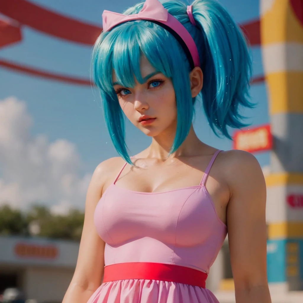 Bulma, blue eyes, (best quality, ultra-detailed), (realistic:1.37), beautiful and detailed face, ultra-realistic texture, delicate face, delicate body, red lipstick, bright colors. High definition, 8K.