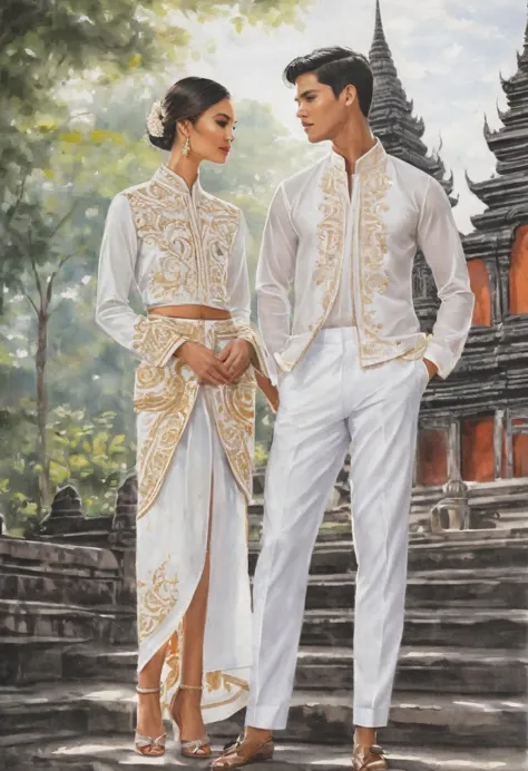 candid fashion illustration of two young man and women, adorned in a meticulously crafted North Thai traditional outfit, stands ...