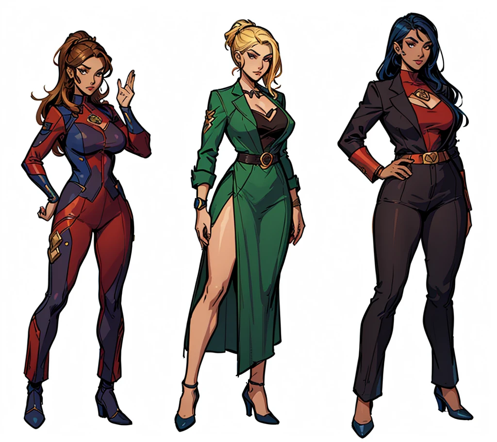 three cartoon women in Different outfits stanDing next to each other, outfit Designs, Diverse outfits, character Designs, several character Designs, comic character Design, D & D style full boDy portrait, human game protagonist Designs, full character Design, Concepts de personnages, art conceptuel complet des personnages, full boDy character concept art, proportions de super-héros féminins, full boDy character Design, female leaD character