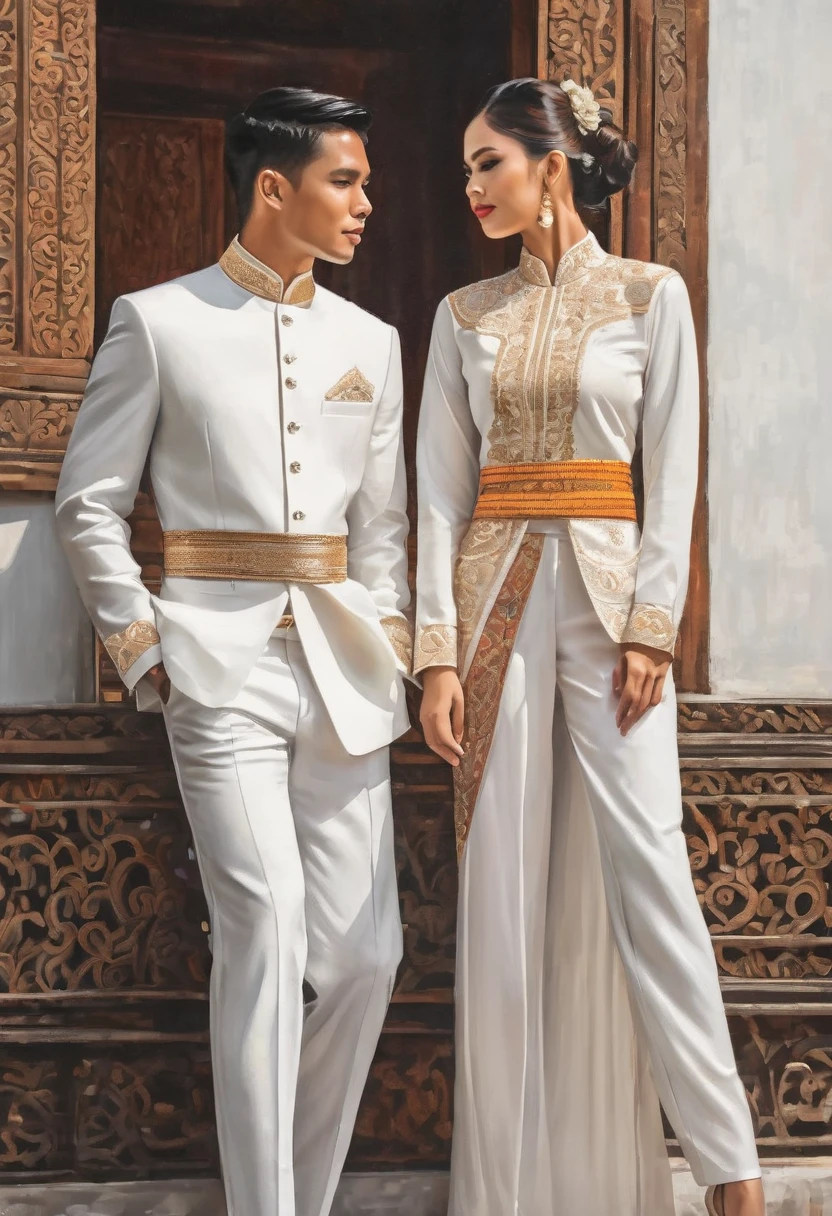 candid fashion illustration of two young man and women, adorned in a meticulously crafted North Thai traditional outfit, stands gracefully against the simple backdrop of Lanna style decoration. Their attire shimmers with intricate embroidery and white accents, each element carefully chosen to reflect the rich Lanna cultural heritage, ((showcase fashion in a Northern Thai Lanna outfits all in white)), in elegant luxury style, The man wears a simple long-sleeved white shirt with minimal details, paired with white Tailor pants, shoes, The woman complements him with white tubular skirt that is handwoven and simple patterns, ankle-length and is wrapped around the waist detail, and A fitted intricately decorated blouse that complements the skirt. Captured in a low angle, ((full-body image)), (full-body pose)), ((white studio background)), realistic color pencil lines, perfect drawing, charcoal lines, fading sketch, quick Sketch, soft light,