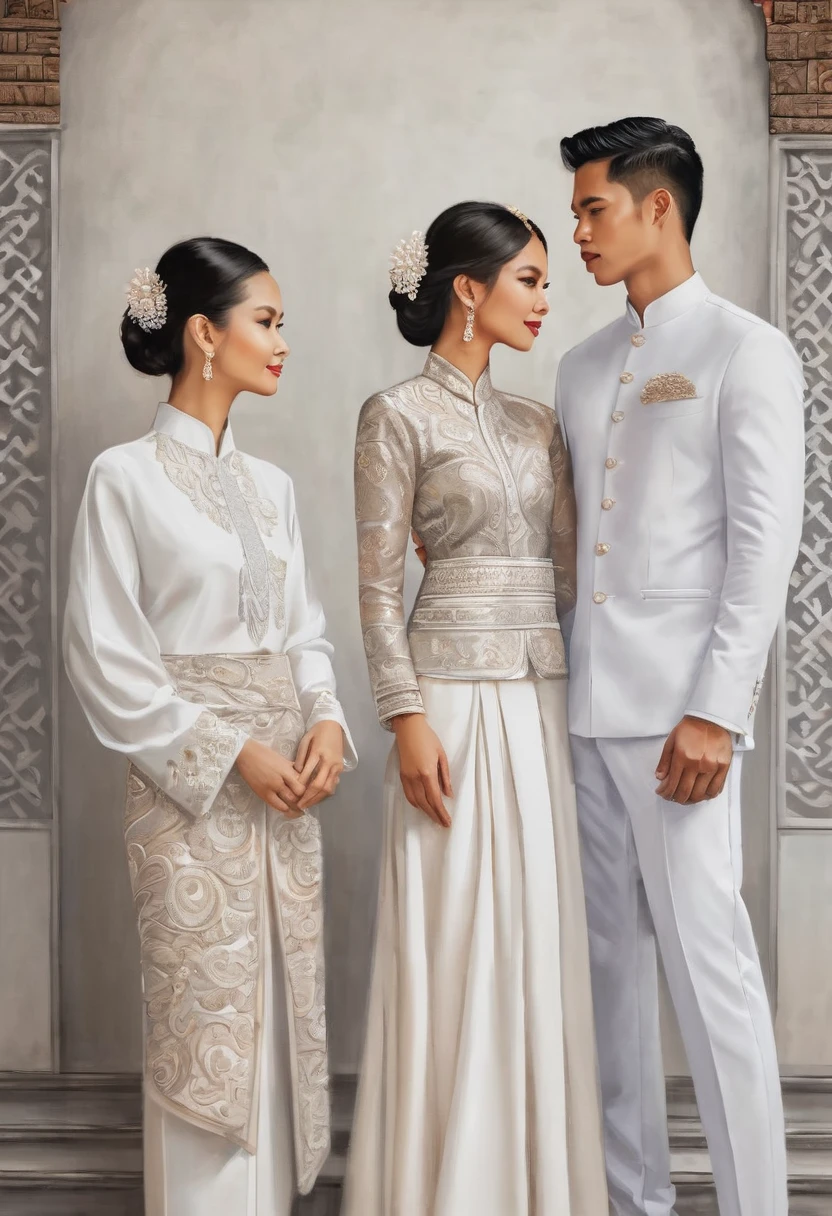 candid fashion illustration of two young man and women, adorned in a meticulously crafted North Thai traditional outfit, stands gracefully against the simple backdrop of Lanna style decoration. Their attire shimmers with intricate embroidery and white accents, each element carefully chosen to reflect the rich Lanna cultural heritage, ((showcase fashion in a Northern Thai Lanna outfits all in white)), in elegant luxury style, The man wears a simple long-sleeved white shirt with minimal details, paired with white Tailor pants, shoes, The woman complements him with white tubular skirt that is handwoven and simple patterns, ankle-length and is wrapped around the waist detail, and A fitted intricately decorated blouse that complements the skirt. Captured in a low angle, ((full-body image)), (full-body pose)), ((white studio background)), realistic color pencil lines, perfect drawing, charcoal lines, fading sketch, quick Sketch, soft light,