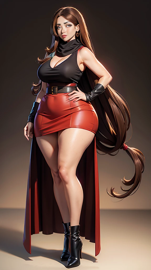 Full body photo of 1 beautiful woman, adult, big body, Voluptuous woman, (very long straight hair),( Brown hair), lined eyelids, makeup eyelids,  coat turtleneck,  scarf, neckline, (red sleeveless dress  , black bag),  Tempting , ringing, curvy hourglass figure,flat stomach,, oppai ratio, Tight skirt , high