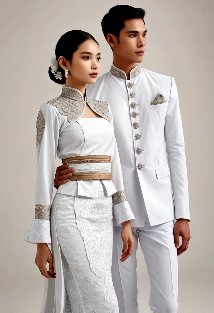 candid fashion illustration of two young man and women, adorned in a meticulously crafted North Thai traditional outfit, stands gracefully against the simple backdrop of Lanna style decoration. Their attire shimmers with intricate embroidery and white accents, each element carefully chosen to reflect the rich Lanna cultural heritage, ((showcase fashion in a Northern Thai Lanna outfits all in white)), in elegant luxury style, The man wears a simple long-sleeved white shirt with minimal details, paired with white Tailor pants, shoes, The woman complements him with white tubular skirt that is handwoven and simple patterns, ankle-length and is wrapped around the waist detail, and A fitted intricately decorated blouse that complements the skirt. Captured in a low angle, ((full-body image)), (full-body pose)), ((white studio background)), realistic color pencil lines, perfect drawing, charcoal lines, fading sketch, quick Sketch, soft light,