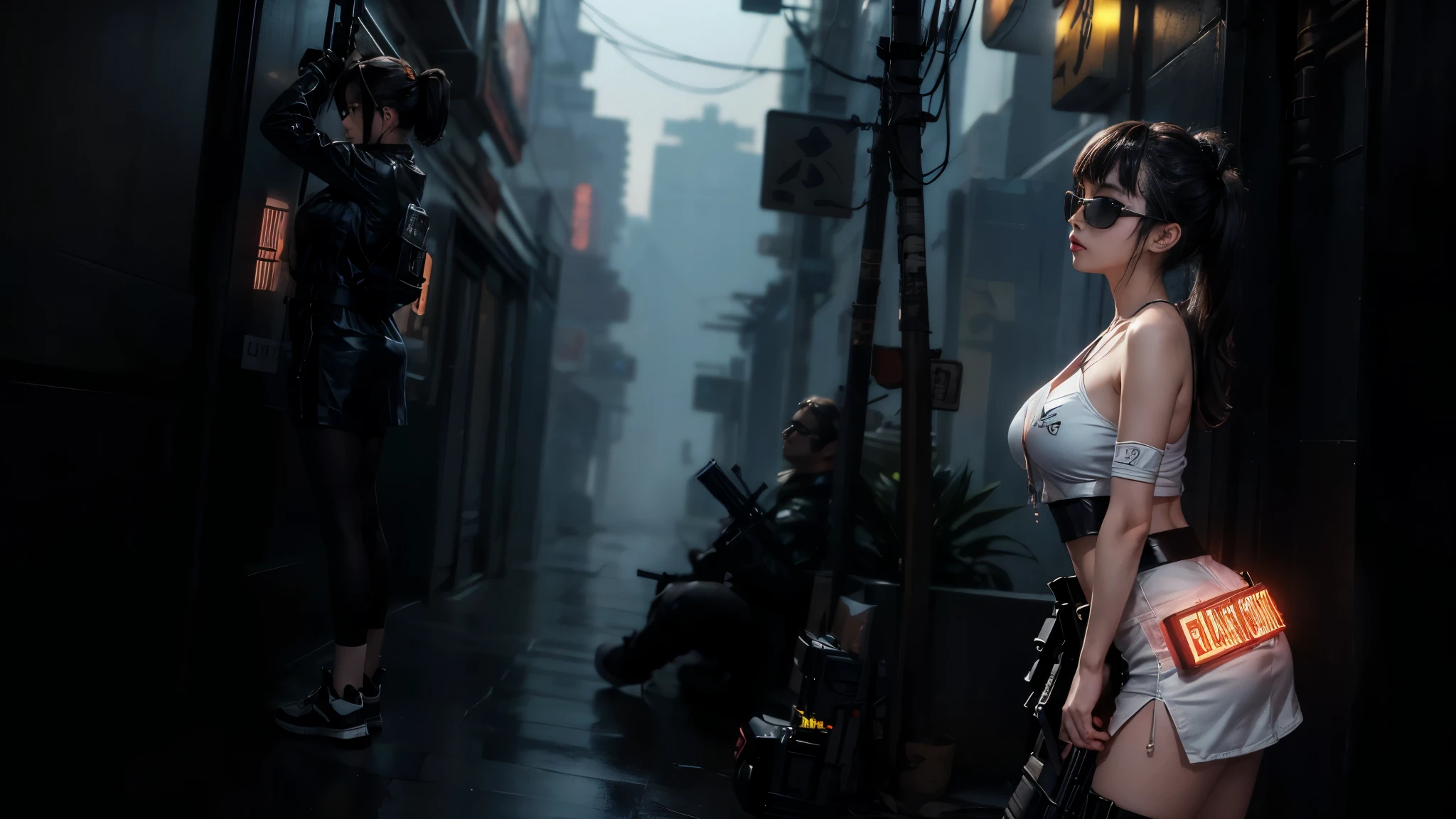 8k, Realistic Skin Texture, Realistic Photo, Neo Tokyo, slim women, large-breast:1.4 cleavage:1.3, AD2050 at night, Dirty hunting jacket, Wearing tube top, miniskirt, (((black sunglasses, automatic rifle, sneakers, cold, shooting pose, very low angle view))), Innovative composition, revenge, cyberpunk, blade runner worldview, Large neon sign, Geisha hologram sign, Strong Wakamoto Sign.