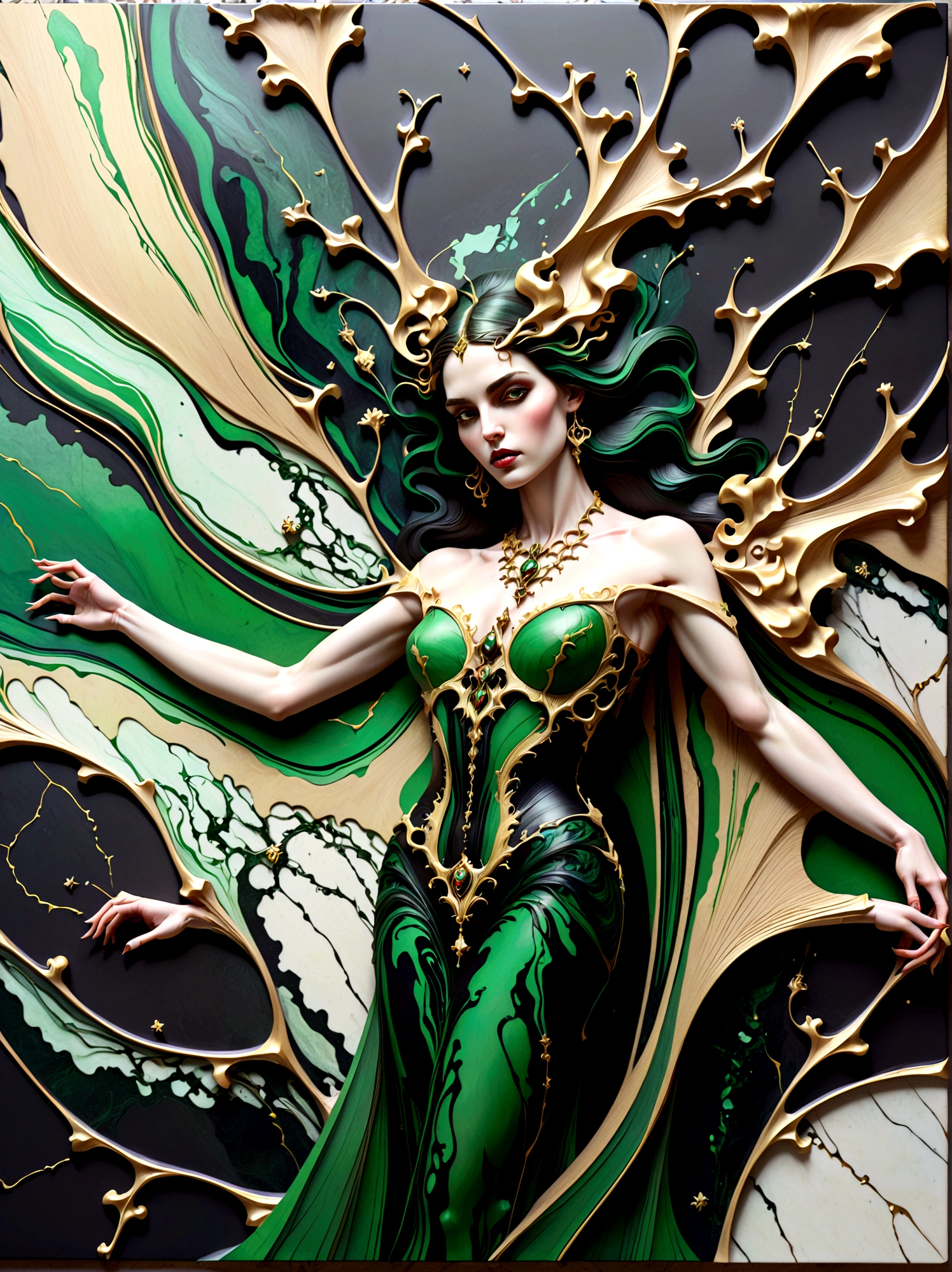 a beautiful illustration of a vampire woman made from an abstract marble texture, with colors of black, green and gold, highly detailed, intricate design, marble material, BY Anne Bachelier,