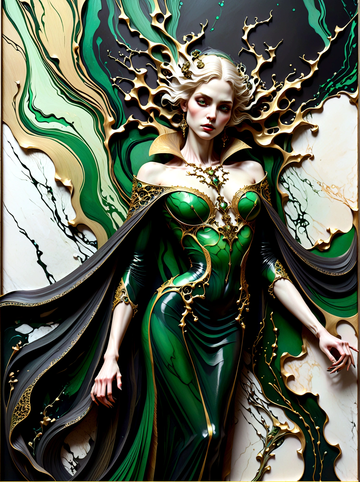 a beautiful illustration of a vampire woman made from an abstract marble texture, with colors of black, green and gold, highly detailed, intricate design, marble material, BY Anne Bachelier,