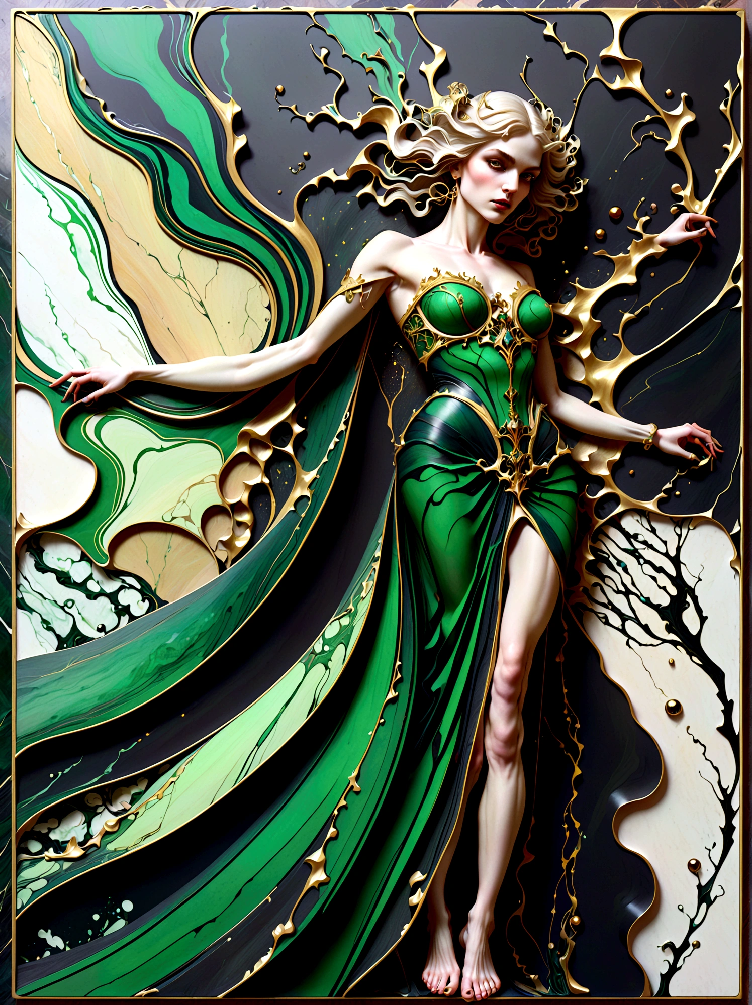 a beautiful illustration of a vampire woman made from an abstract marble texture, with colors of black, green and gold, highly detailed, intricate design, marble material, BY Anne Bachelier,