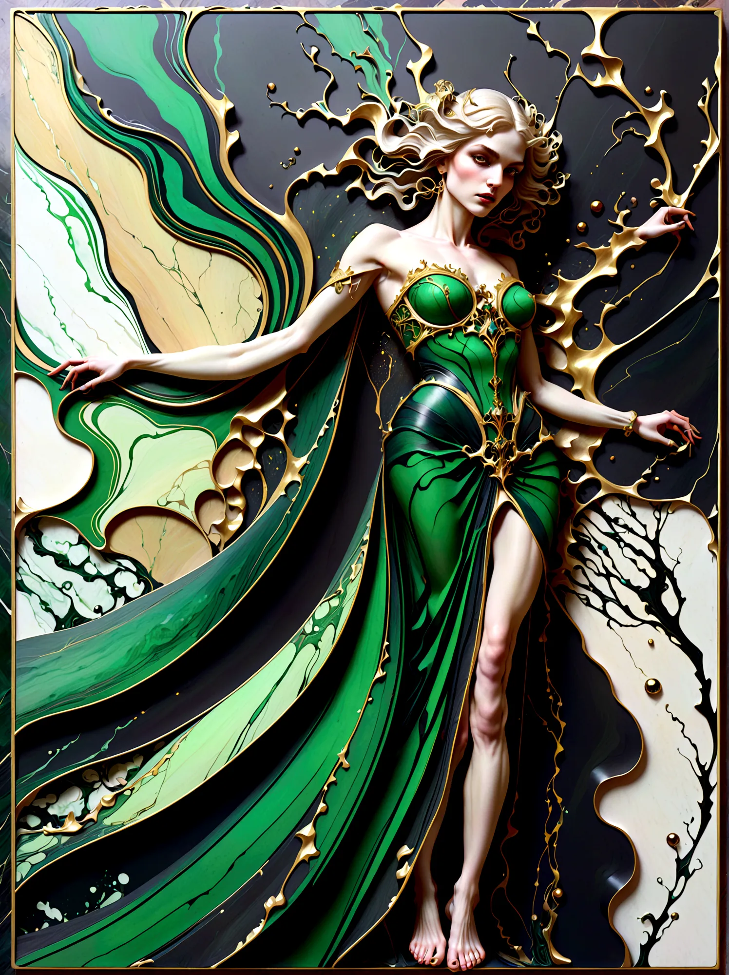 a beautiful illustration of a vampire woman made from an abstract marble texture, with colors of black, green and gold, highly d...