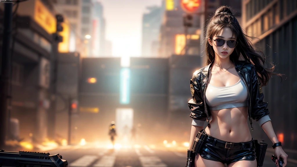 8k, Realistic Skin Texture, Realistic Photo, Neo Tokyo, slim women, large-breast:1.4 cleavage:1.3, AD2050 at night, Dirty hunting jacket, Wearing tube top, miniskirt, (((black sunglasses, automatic rifle, sneakers, cold, shooting pose, very low angle view))), Innovative composition, revenge, cyberpunk, blade runner worldview, Large neon sign, Geisha hologram sign, Strong Wakamoto Sign.