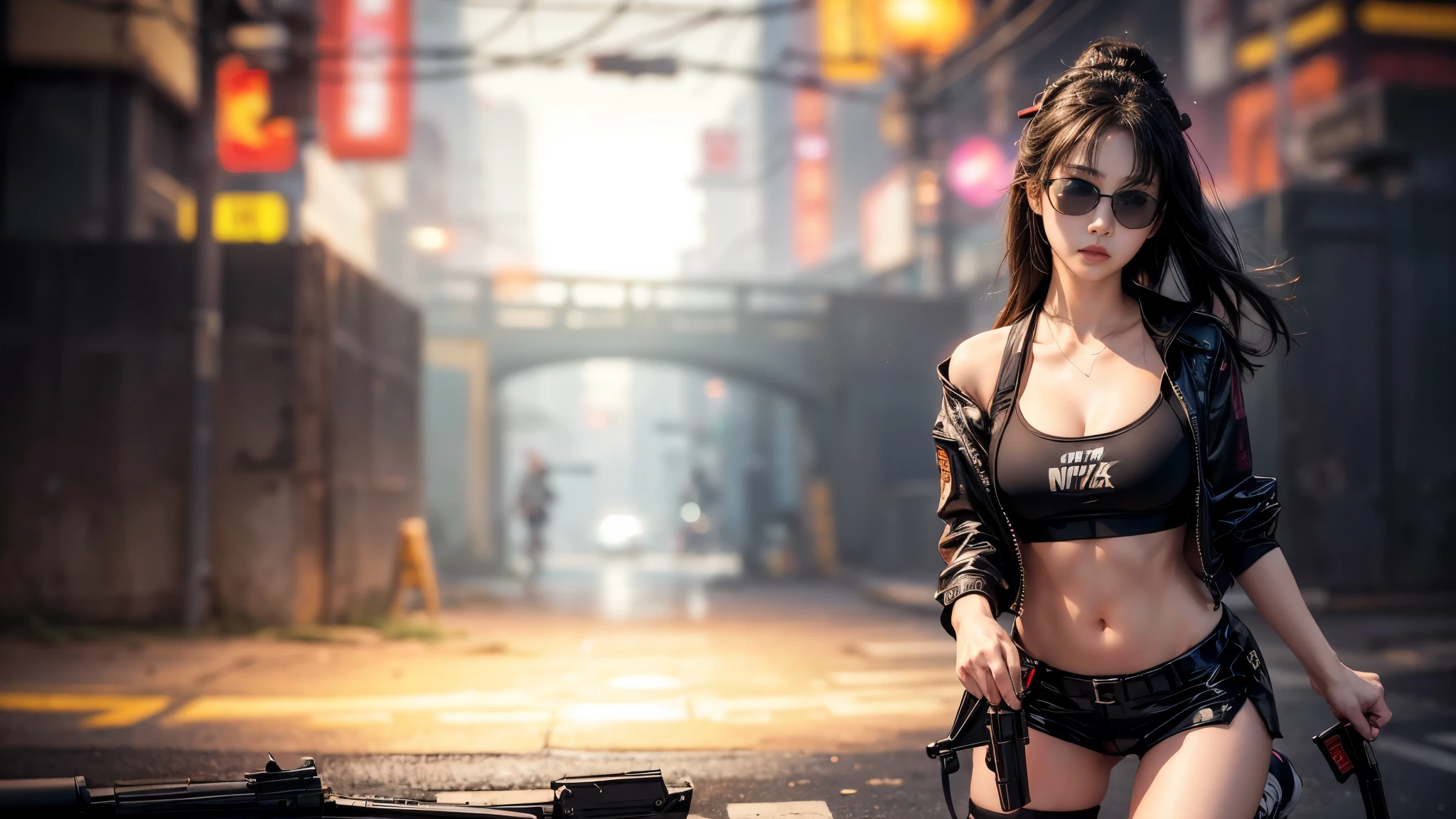 8k, Realistic Skin Texture, Realistic Photo, Neo Tokyo, slim women, large-breast:1.4 cleavage:1.3, AD2050 at night, Dirty hunting jacket, Wearing tube top, miniskirt, (((black sunglasses, automatic rifle, sneakers, cold, shooting pose, very low angle view))), Innovative composition, revenge, cyberpunk, blade runner worldview, Large neon sign, Geisha hologram sign, Strong Wakamoto Sign.