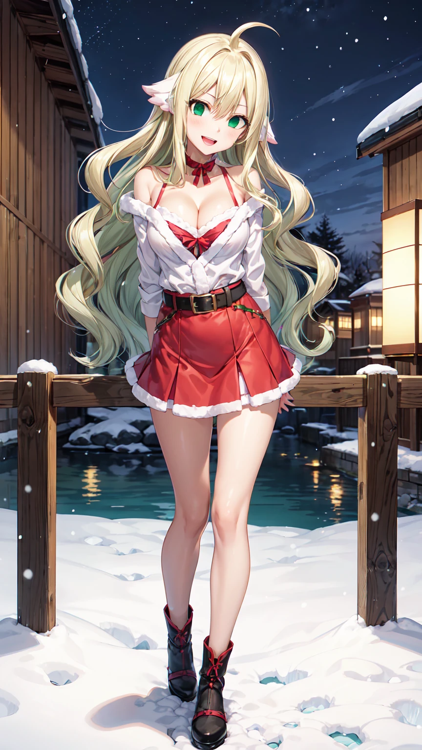 Masterpiece ,best quality , high resolution , (1 girl solo:1.38) , (mavis , long hair, blonde hair, (green eyes:1.5), ahoge, wavy hair , slim , tall , slender) , (cleavage:1.2) , (medium breast:1.28) , (wear x-mas cloth , miniskirt , belt , bell ,  head tilt ) , (cleavage:1.15) , (big breast:1.1) , (arms behind back) , (face view , look at view , smile , open mouth) , (standing) , (outdoor, river beside , on bridge , japaness bridge , street , snow , night , lamp)