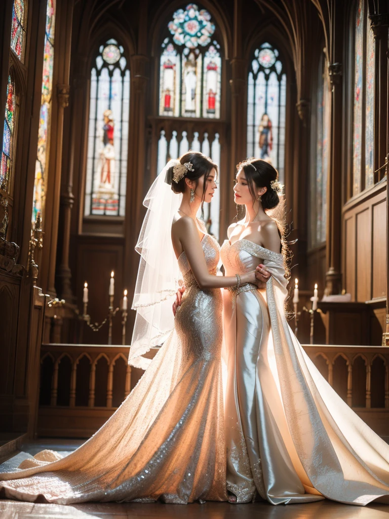 A radiant bride, with her refined poise, is robed in a breath-taking white wedding dress ornately decorated with pearls and diamonds. She is nestled within the aisle of a beautifully aged cathedral as golden light dances through the stained-glass windows. The light creates an ethereal chromatic display on her dress, enhancing its celestial beauty. The portrait is captured from a mid-level angle that balances the bride's refined elegance against the intricate detail of the cathedral's architecture.