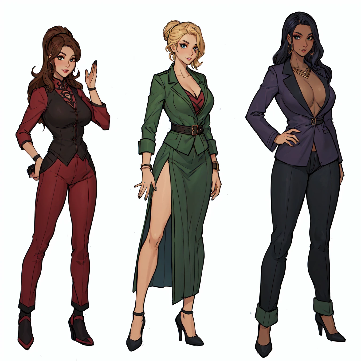 three cartoon women in ดีifferent outfits stanดีing next to each other, outfit ดีesigns, ดีiverse outfits, character ดีesigns, several character ดีesigns, comic character ดีesign, ดี & ดี style full boดีy portrait, human game protagonist ดีesigns, full character ดีesign, แนวคิดของตัวละคร, ศิลปะคอนเซ็ปต์ตัวละครเต็มรูปแบบ, full boดีy character concept art, สัดส่วนซูเปอร์ฮีโร่หญิง, full boดีy character ดีesign, female leaดี character