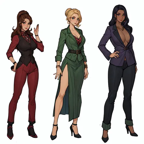 three cartoon women in different outfits standing next to each other, outfit designs, diverse outfits, character designs, severa...