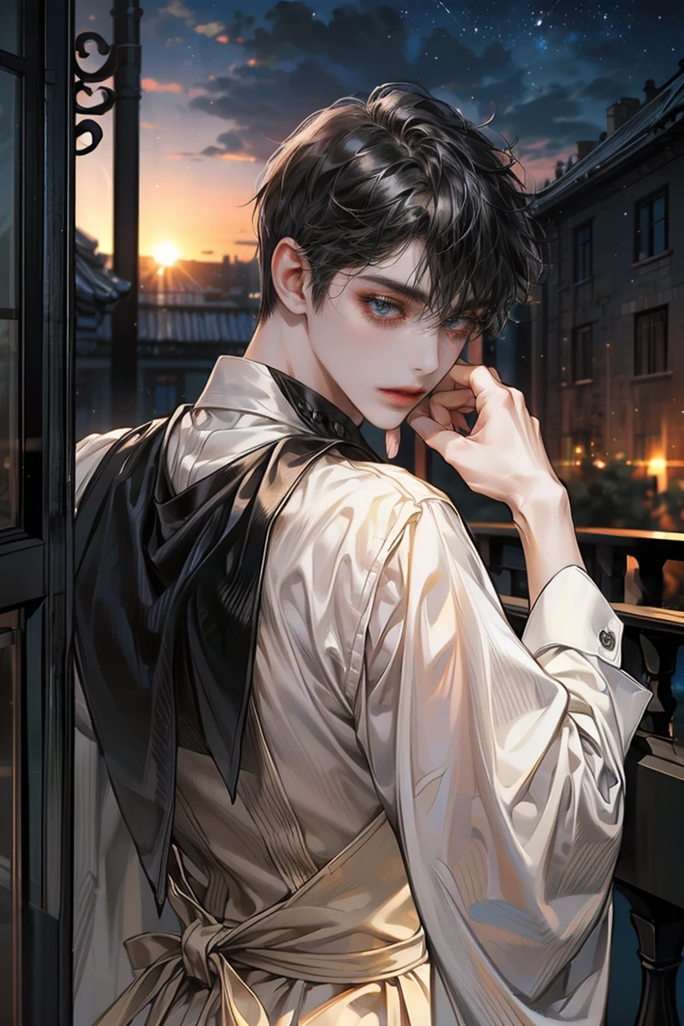 ((4K works))、​masterpiece、(top-quality)、One Beautiful Boy、Slim body、tall、((Black Y-shirt and white pants、big ass,Charming street style))、(Detailed beautiful eyes)、Stylish English Black Balcony、Castle inhabited by villains、Black shop window、Balcony at night、((Starry sky in the background))、((dark sky))、((Stylish cityscape))、((Shot on a stylish veranda))、mid night、((Short-haired black hair))、((Smaller face))、((Neutral face))、((White eyes))、((American adult male))、((Adult male 26 years old))、((Cool Men))、((Like a celebrity))、((Wild look))、((Korean Makeup))、((elongated and sharp eyes))、((Happy dating))、((boyish))、((Upper body photography))、Professional Photos、((Shot alone))、((shot from back))、((Shot so that the back of the head is visible))、((Shot in close proximity to him))、((Focus zoom in))、((He is watching the sunset))、((He is standing on the balcony))