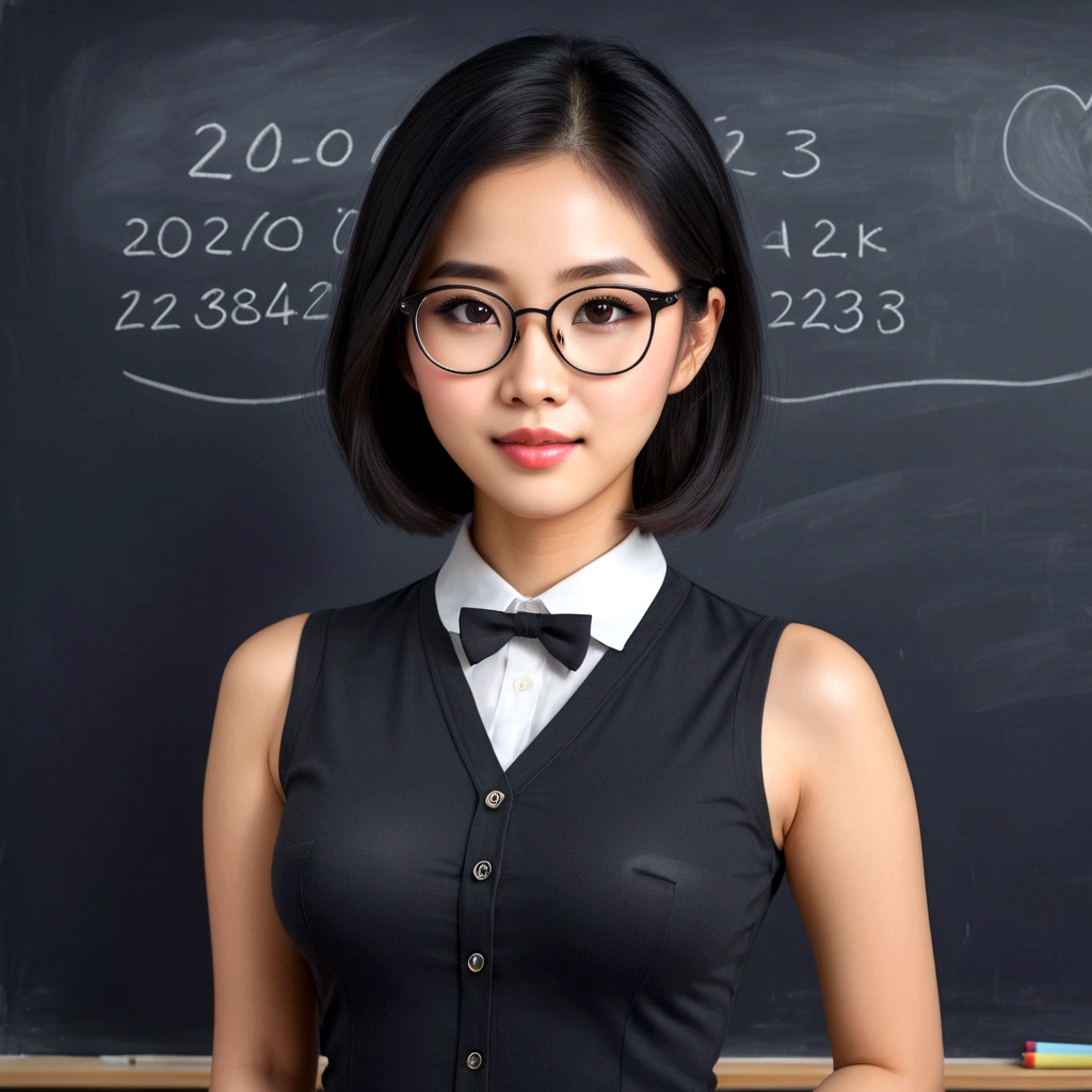 a lovely vietnamese woman, 25 years old, wearing glasses, cute face, black eyes, black shoulder length hair, slutty teachers outfit without underwear, in front of chalkboard, realistic, photorealistic, masterpiece, 8k, best quality, extremely detailed, ultra-fine painting, physically-based rendering, professional, vivid colors, studio lighting
