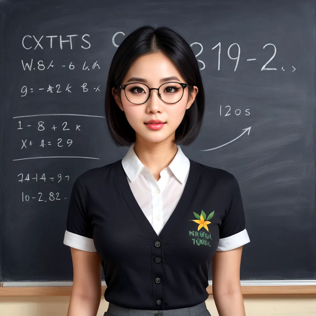 a lovely vietnamese woman, 25 years old, wearing glasses, cute face, black eyes, black shoulder length hair, slutty teachers out...