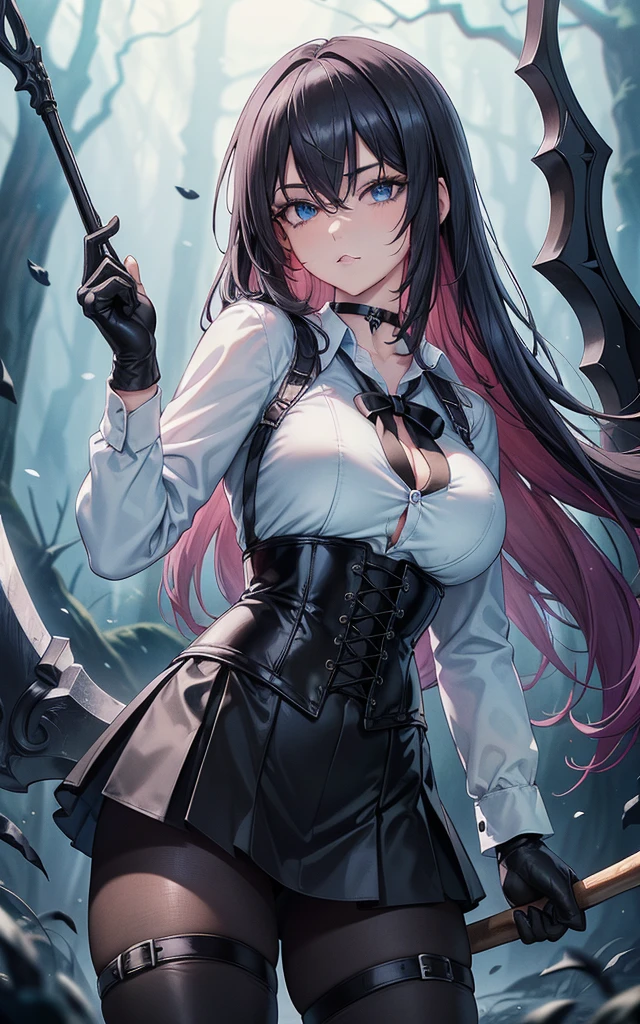 Masterpiece, Beautiful art, professional artist, 8k, art style by sciamano240, Very detailed face, Detailed clothing, detailed fabric, 1 girl, perfectly drawn body, fighting pose, beautiful face, long hair, blue eyes, very detailed eyes, pink cheeks, shy expression, choker:1.6, (long sleeve white collar buttoned shirt), black gloves, gloves covering hands, (holding an ax in the right hand), (black leather corset), (black  miniskirt), (shiny black leggings), sensual lips ,  evening de invierno, show details in the eyes, view from front, looking at the viewer, dark path, dark forest, evening, Atmosphere, fog