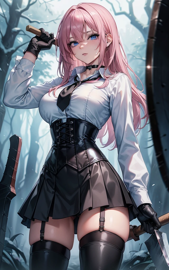 Masterpiece, Beautiful art, professional artist, 8k, art style by sciamano240, Very detailed face, Detailed clothing, detailed fabric, 1 girl, perfectly drawn body, fighting pose, beautiful face, long hair, blue eyes, very detailed eyes, pink cheeks, shy expression, choker:1.6, (long sleeve white collar buttoned shirt), black gloves, gloves covering hands, (holding an ax in the right hand), (black leather corset), (black  miniskirt), (shiny black leggings), sensual lips ,  evening de invierno, show details in the eyes, view from front, looking at the viewer, dark path, dark forest, evening, Atmosphere, fog