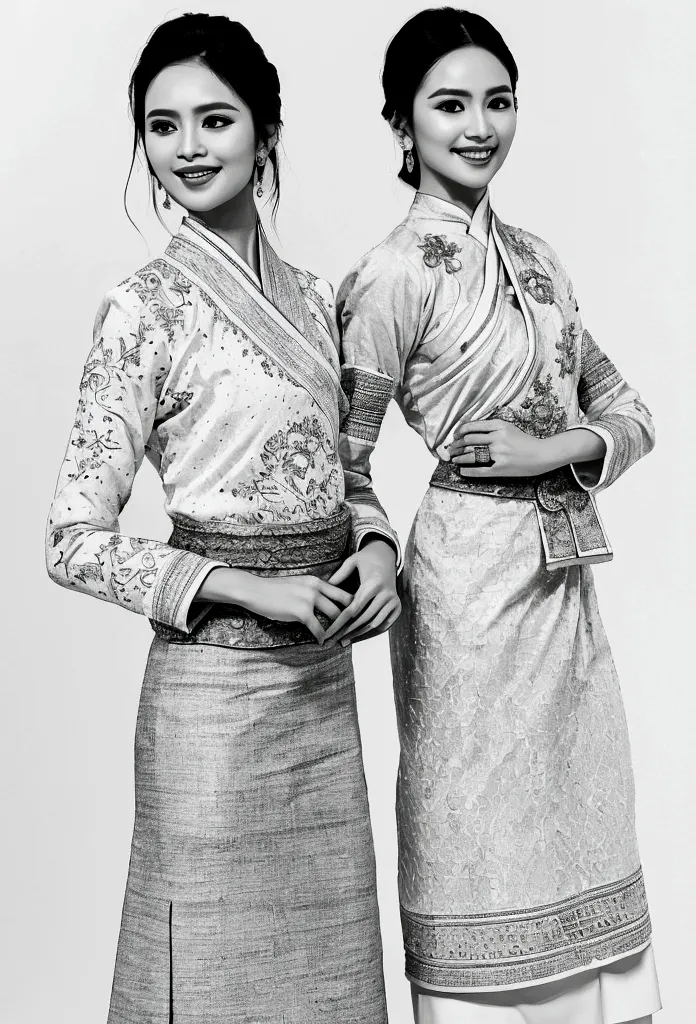 candid fashion illustration of two young man and women, adorned in a meticulously crafted North Thai traditional outfit, stands ...