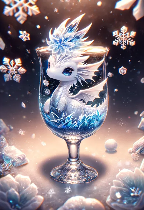 absurdres, highres, ultra detailed, HDR, master piece, best quality, smol white dragon, cute, solo, magic, ice flowers, snowflak...