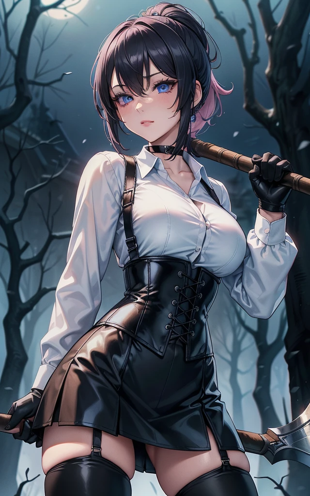 Masterpiece, Beautiful art, professional artist, 8k, art style by sciamano240, Very detailed face, Detailed clothing, detailed fabric, 1 girl, perfectly drawn body, fighting pose, beautiful face, Short ponytail hair, blue eyes, very detailed eyes, pink cheeks, shy expression, choker:1.6, (long sleeve white collar buttoned shirt), black gloves, gloves covering hands, (holding an ax in the right hand), (black leather corset), (black  miniskirt), (shiny black leggings), sensual lips ,  evening de invierno, show details in the eyes, view from front, looking at the viewer, dark path, dark forest, evening, Atmosphere, fog