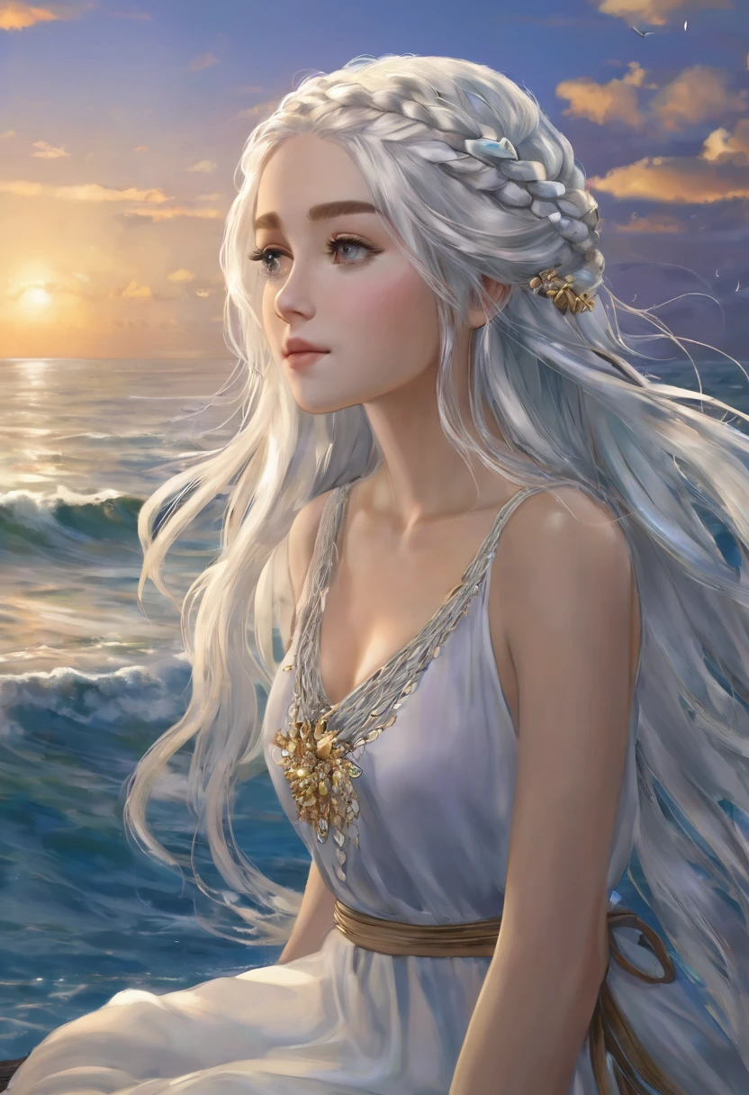 name: Mariana Description: Mariana is a mysterious woman who sits by the ocean, her long white hair flowing gently in the sea breeze. Your hairstyle is intricate, with intertwined braids and small golden shells adorning the strands. Your skin is golden from the sun, a tone that reflects your many hours spent under the open sky.

Mariana&#39;s eyes are like liquid amber, deep and captivating. She wears cute clothes in the style of Boku no Hero, with gold details that resemble the heroes&#39; armor. A flowing cape covers your shoulders, and she wears leather gloves with delicate embroidery.

In Mariana&#39;s arm, there is a bouquet of wildflowers. Each flower appears to have been chosen with care, but it also carries an air of sadness. They say this curse binds her to that place, and she waits patiently for someone who can break the spell.

Mariana looks at the horizon, your eyes full of hope and melancholy. She&#39;s a lonely figure, but its presence is enigmatic and fascinating to those who observe it.